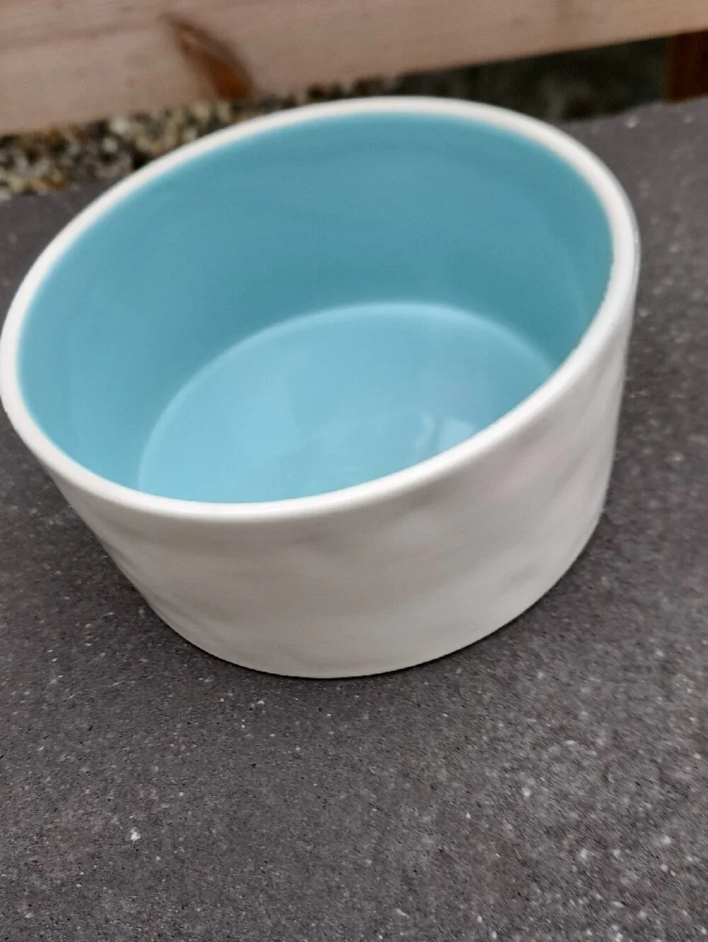 EUC Rae Dunn 'WOOF' Ceramic Dog Bowl in White with Turquoise Interior